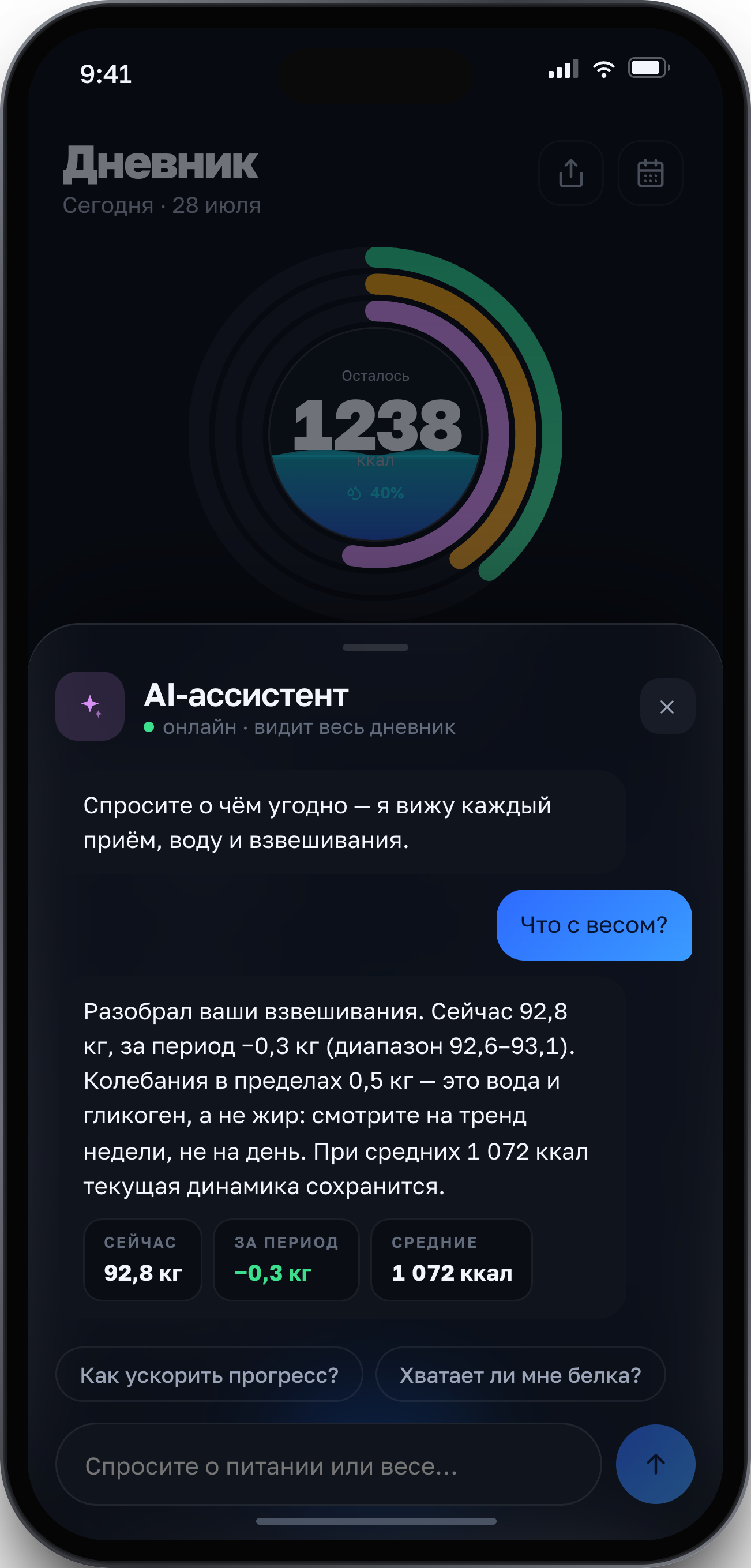 Экран AI-ассистента: диалог поверх дневника