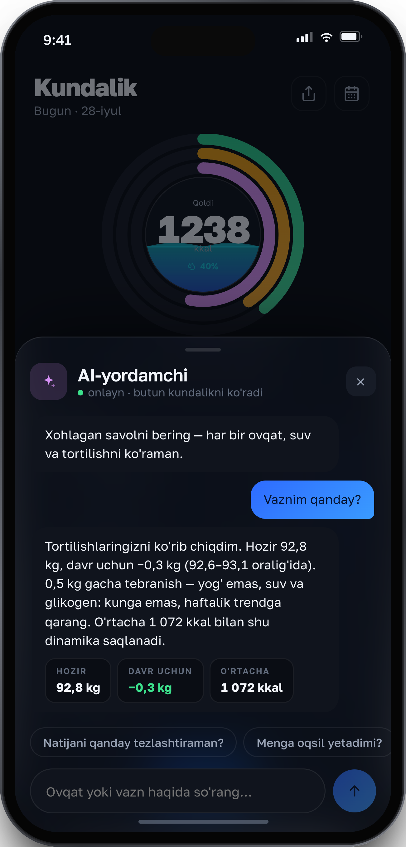 AI-yordamchi ekrani: kundalik ustida ochilgan suhbat